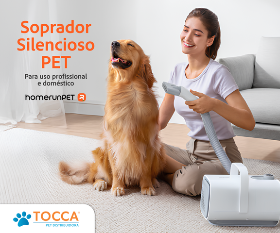 Distribuído no Brasil pela Tocca Pet, o soprador silencioso premium para pet shops e clínicas veterinárias reúne baixo ruído, 99 velocidades de vento, ajuste de temperatura, íons negativos e diferentes bocais para a secagem de cães e gatos.